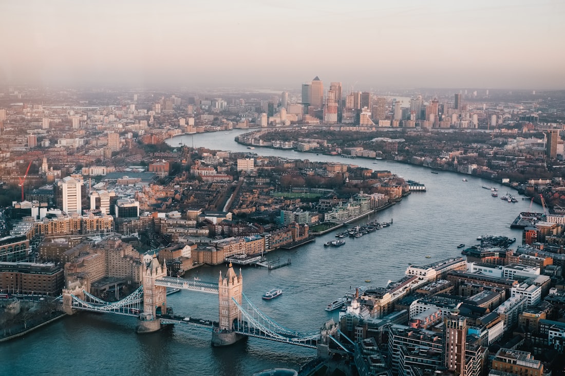 Aerial view of London and the River Thames at dusk
